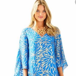 Gorgeous blue and gold Lame’ Lilly Pulitzer cape dress